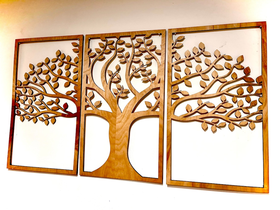 Wood Tree Wall Art Decor Wooden Tree Art 3 Panel Wood Wall Etsy