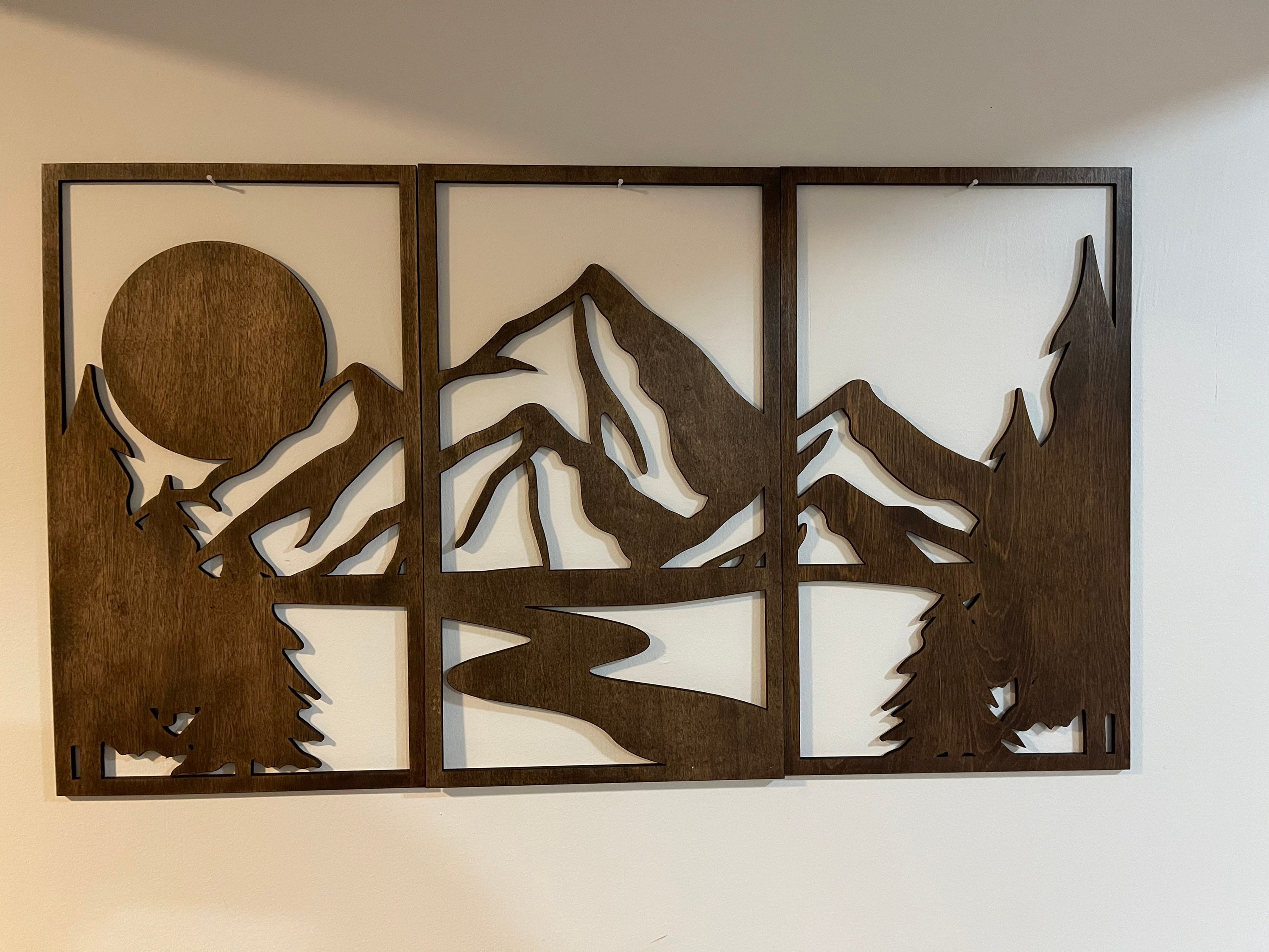 Wood Mountain Wall Art Décor Wooden Mountain Art 3 Panel Etsy