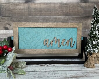 Wooden Rustic Amen Sign | Add on Sign that works with Interchangeable Farmhouse Sign Holder | Farmhouse Shelf Sitter Sign | Amen Sign