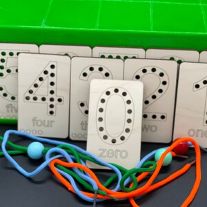 May include: Wooden number cards with black dots and the numbers 0 through 5 written on them. The cards are arranged in a row with the number 0 on the left and the number 5 on the right. There are also colorful laces and beads on the table.