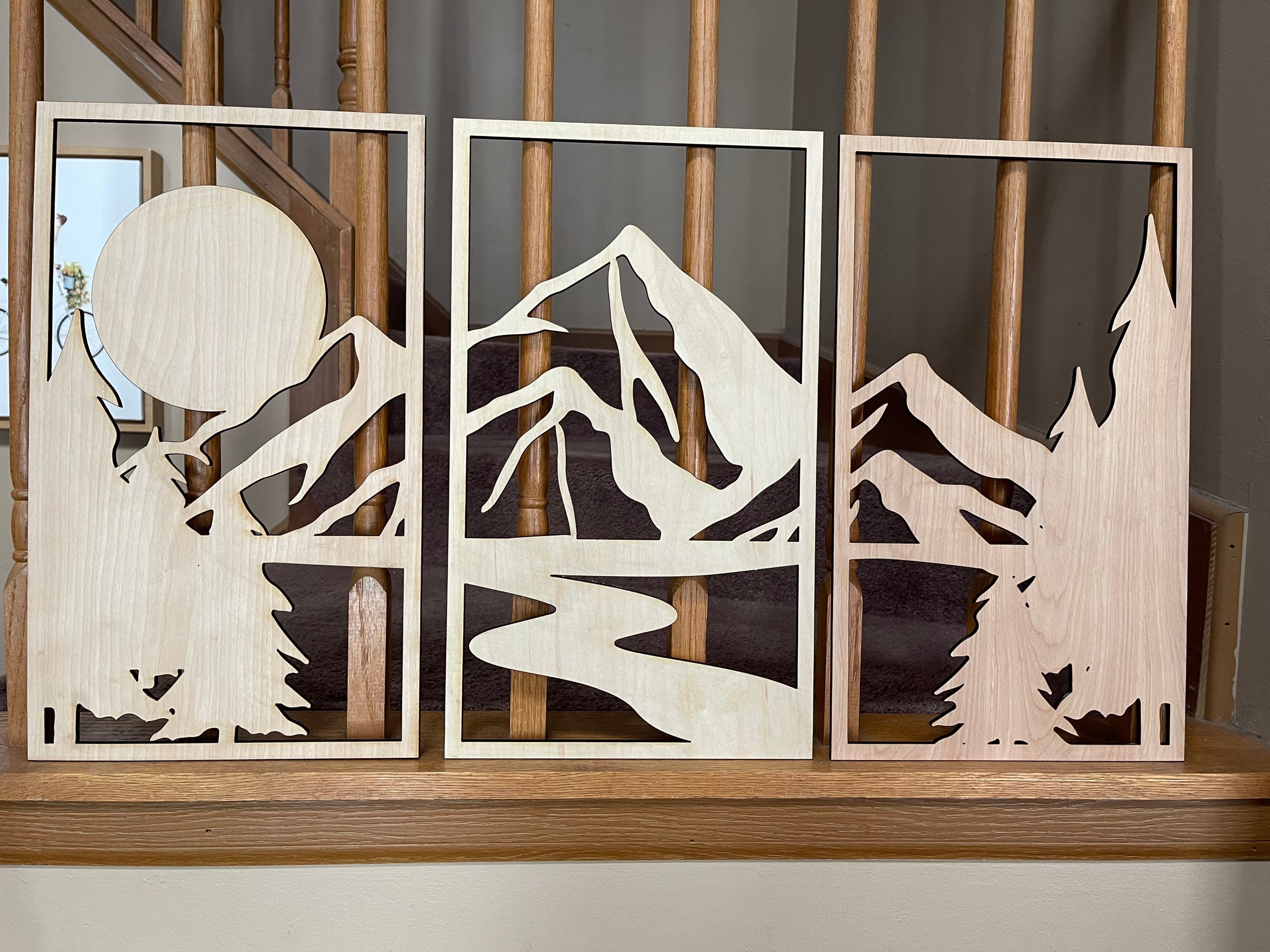 Wood Mountain Wall Art Décor / Wooden Mountain Art / 3 Panel Etsy España