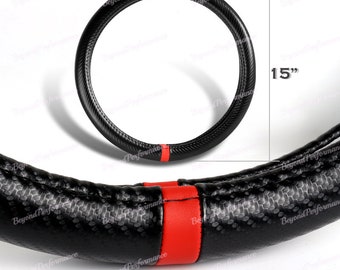 thumbnail image 2 of 15 Inch Carbon Fiber Style Leather Steering Wheel Cover – Fits Ford & Universal 2 of 5