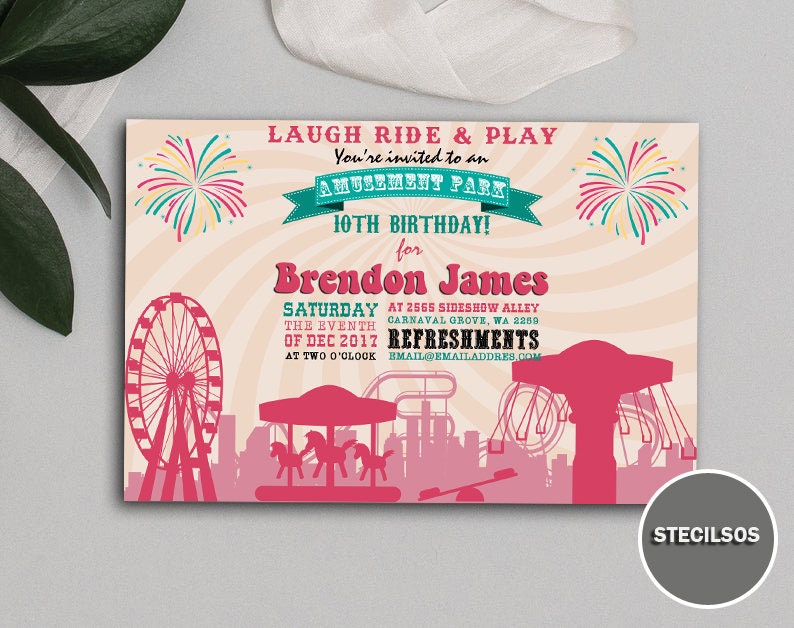 Amusement Park Invitation Theme Park Birthday Invitation Etsy