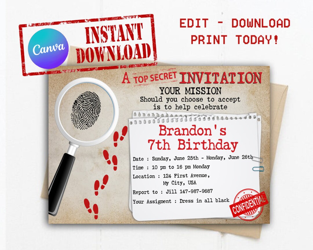 Instant Download Spy Top Secret Invitation, Secret Agent Birthday, Detective Party Top Secret