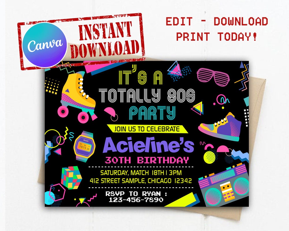 80s Birthday Invite 80s Invitation Back to the 80s Birthday Party 80s Themed Party Back to the 90s Retro Party Invite Retro