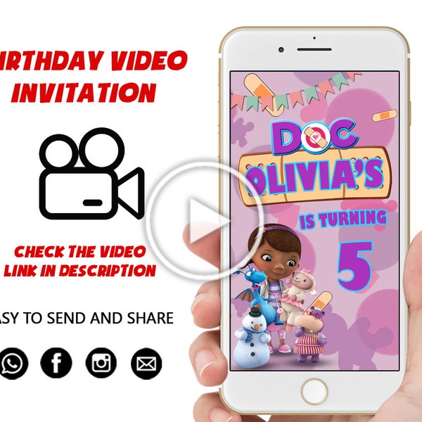 Invitation Doc McStuffins, Invitation d’anniversaire vidéo Doc McStuffins, Doc McStuffins Party, Anniversaire McStuffins, Invitation McStuffins, Doc Party