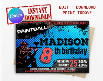 Paintball Invitation, Paintball Birthday, Paintball Invite, Printable Paintball Birthday Party, Paintball Party Theme, Paint Party Invite