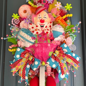 Party time wreath, Clown wreath, Birthday wreath, Celebration wreath, clowns, Sweets wreath, clown on a unicycle, kids wreath