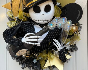 Party wreath, Celebration wreath, New year wreath, Cheers, Disney, Jack Skellington wreath, Nightmare before Christmas, black and gold wreat