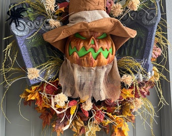 Pumpkin wreath, scarecrow wreath, Graveyard wreath, pumpkin scarecrow, Halloween wreath