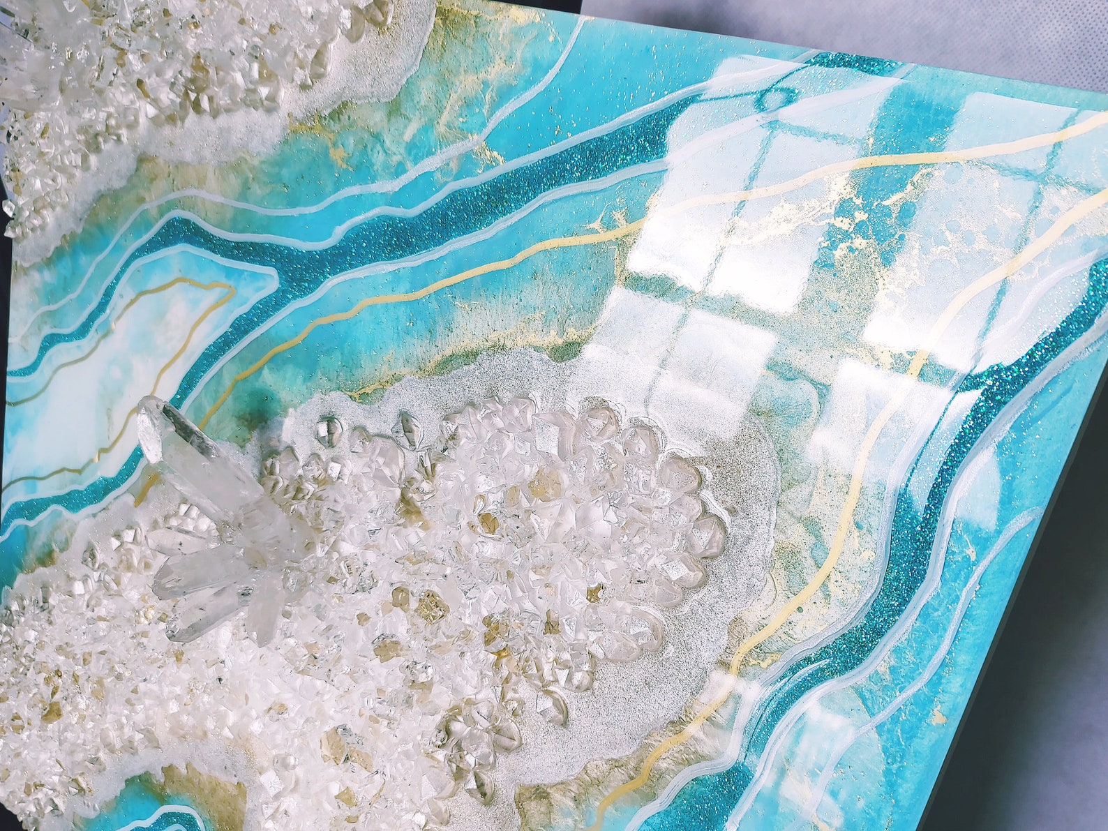 Geode Wall Art. Resin Painting. Wall Hanging / Picture. Teal, Blue