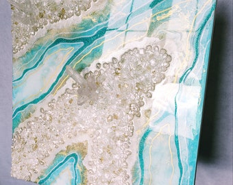 Geode Wall Art. Resin Painting. Wall Hanging / Picture. Teal, Blue, Green, White, Gold, Turquoise, Ocean Theme. With Real Quarz Crystals.