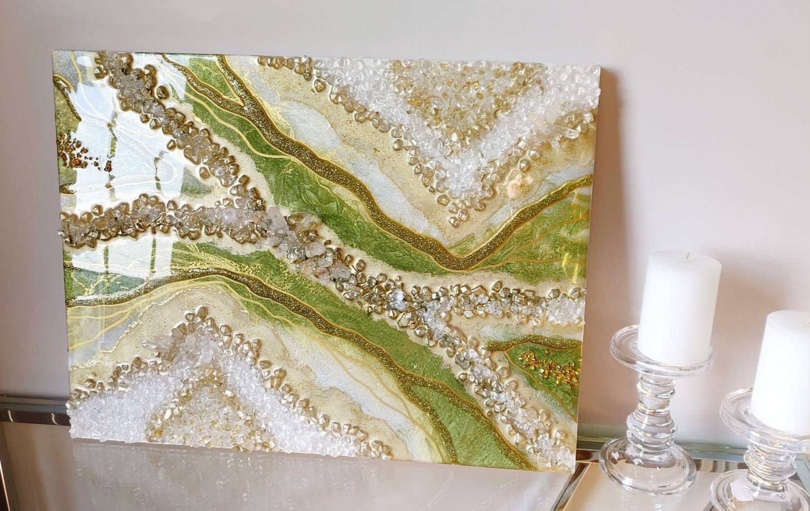 Geode Wall Art / Resign Painting / Shades of Green and Gold Real White