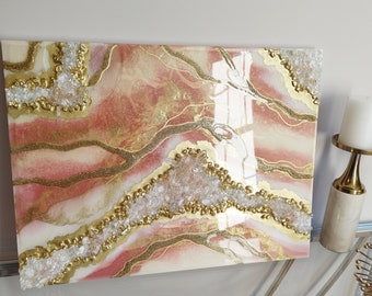 Geode Wall Art / Picture/ Resin Painting/ Sunrise Colors. Rose Gold, Classic Gold Pearly White! Real White Quartz Crystals. Contemporary Art