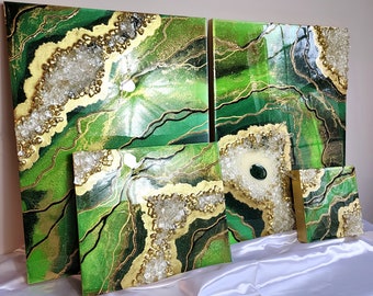 Geode Wall Art / Picture/ Resign Painting / Green / Black / Gold, Pearly White. Real White Quartz Crystals. Sparkling!