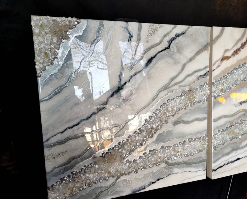 Geode Wall Art. Resin Painting. Wall Hanging / Picture. Silver, White and Black. Two Pictures Set. Real White Quartz Crystals. image 5