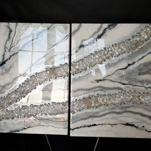 Geode Wall Art. Resin Painting. Wall Hanging / Picture. Silver, White and Black. Two Pictures Set. Real White Quartz Crystals.