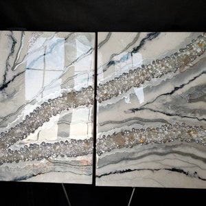 Geode Wall Art. Resin Painting. Wall Hanging / Picture. Silver, White and Black. Two Pictures Set. Real White Quartz Crystals. image 1