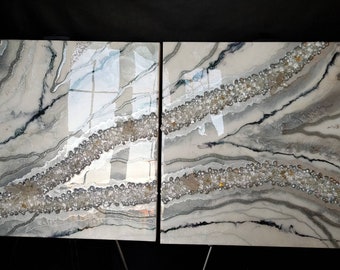 Geode Wall Art. Resin Painting. Wall Hanging / Picture. Silver, White and Black. Two Pictures Set. Real White Quartz Crystals.