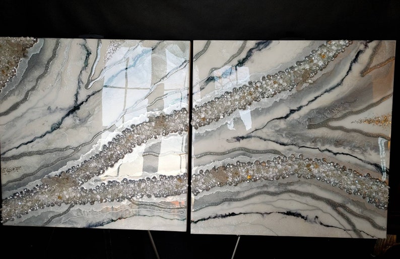 Geode Wall Art. Resin Painting. Wall Hanging / Picture. Silver, White and Black. Two Pictures Set. Real White Quartz Crystals. image 1