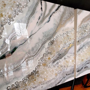 Geode Wall Art. Resin Painting. Wall Hanging / Picture. Silver, White, and Black. Two Pictures Set. Real White Quartz Crystals.