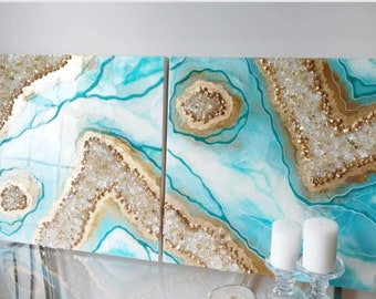 Geode Wall Art. Resin Painting. Wall Hanging / Picture. Ocean Blue, Gold, Pearly White Colors. Two Pictures Set. Real White Quartz Crystals.