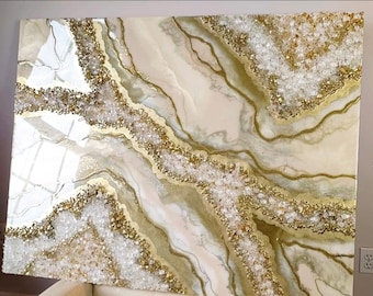 Geode Wall Art / Picture/ Resign Painting / Beige, Champagne Gold, Pearly White, Natural Tones. Real White Quartz Crystals. Sparkling!