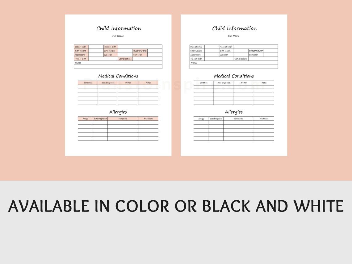 Printable Children's Health Journal Medical Information Etsy