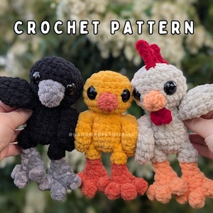 May include: Three handmade crochet bird toys: a black crow, a yellow chick, and a gray chicken. Each has large black eyes, orange feet, and a beak. The text "CROCHET PATTERN" is at the top of the image.
