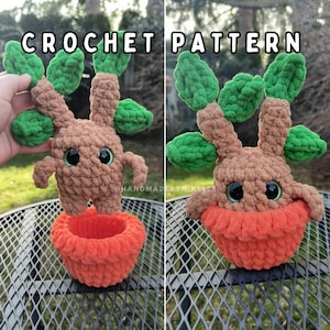 May include: A crochet pattern for a plush plant creature with a brown body, green leaves, and large black eyes, sitting in a bright orange pot. The text CROCHET PATTERN is displayed at the top, and the text @HANDMADEBYNIKELLE is visible.