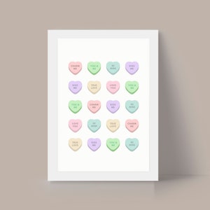 Valentines Day Print, Valentines Day Wall Art, Candy Heart Print, Candy Heart Wall Art, Digital Print, High Quality PDF