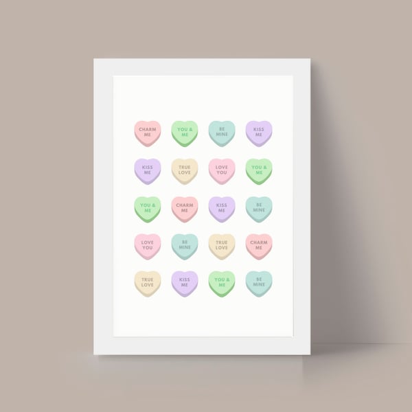 Valentines Day Print, Valentines Day Wall Art, Candy Heart Print, Candy Heart Wall Art, Digital Print, High Quality PDF