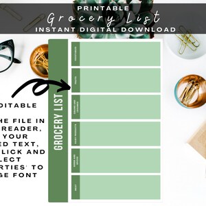 Printable Grocery List, Editable Grocery List, Weekly Grocery List, Meal Planner, Custom Grocery List, PDF, PNG, Digital Download