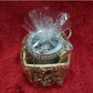 Wrapping Materials for Salt Scrubs: Includes bag, stuffing, ribbon, basket.