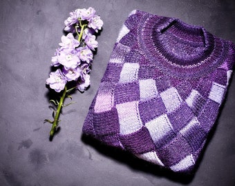 Hand knit sweater women, pullover violet lilac, Entrelac knitting jumper, merinowool cozy sweater hand knitted