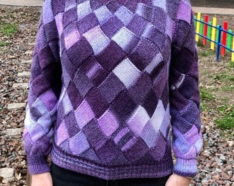 Knit sweater , Hand knit sweater women, pullover violet lilac, Entrelac knitting jumper, merinowool cozy sweater hand knitted