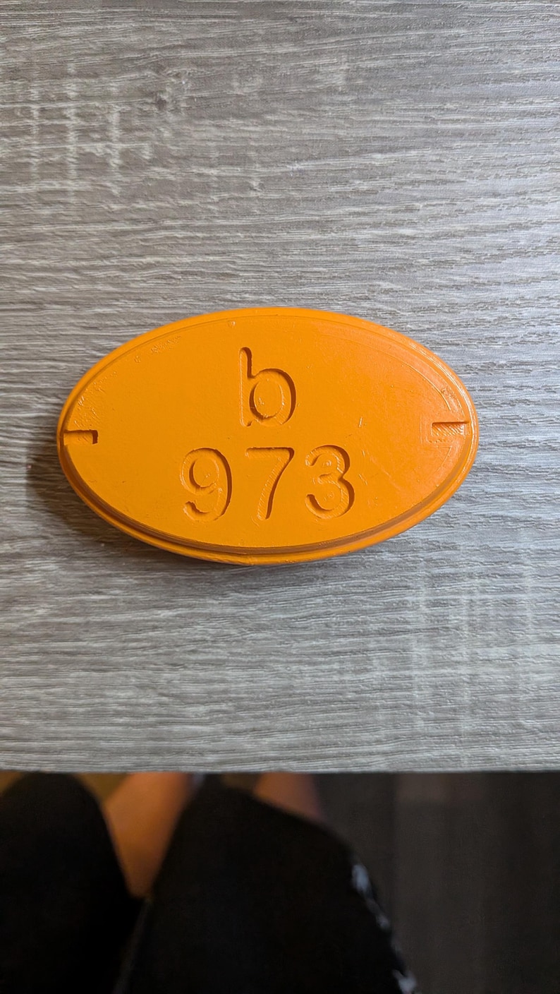 May include: An orange, oval-shaped tag with the letter "b" and the number "973" embossed on its surface. The tag has a slightly raised border and is set against a wooden background.