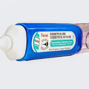 May include: A blue Pentel Correction Pen with white and clear accents. The pen features a fine point tip and the text "CORRECTION PEN CORRECTEUR DE POCHE" on the side. It is designed for multi-purpose use.