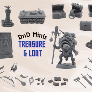 Könnte beinhalten: Eine Sammlung grauer D&D-Miniaturen, darunter Schatztruhen, eine Wunderlampe, eine Kriegerfigur, Waffen und anderes Fantasy-Spielzubehör. Der Text "DnD Minis TREASURE & LOOT" ist zu sehen.
