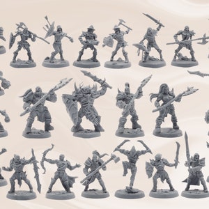 May include: A collection of 24 unpainted miniature figures for tabletop role-playing games. The figures are made of grey plastic and depict various fantasy creatures, including goblins, orcs, and warriors.