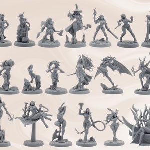 DnD Pinups / NPCs Miniatures 19pc Starter Set | Dungeons and Dragons Mini Pack | 28mm | Elves | Dwarfs | Warlock | Huntress | D&D | DM