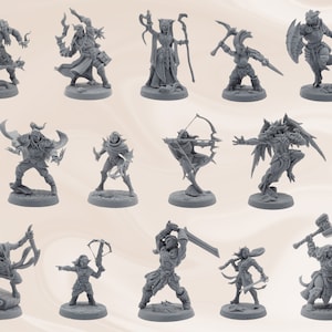 May include: A set of 12 unpainted miniature figurines, each depicting a different fantasy character. The figures are made of grey plastic and are posed in various action poses. The figures are all about 5 cm tall.