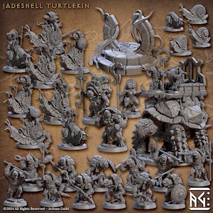 May include: A set of 20 grey 3D printed miniature figures of jade shell turtlekin, including a large turtle, a smaller turtle, and various other creatures. The figures are all in a variety of poses and are ready to be painted.