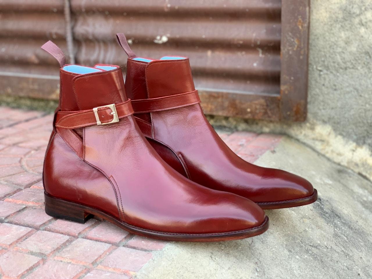 Jodhpurs Men's Buckle Boots Dress Designer Boots, Men Handmade Hand Painted Burgundy Bespoke Handprinted Ankle Boots