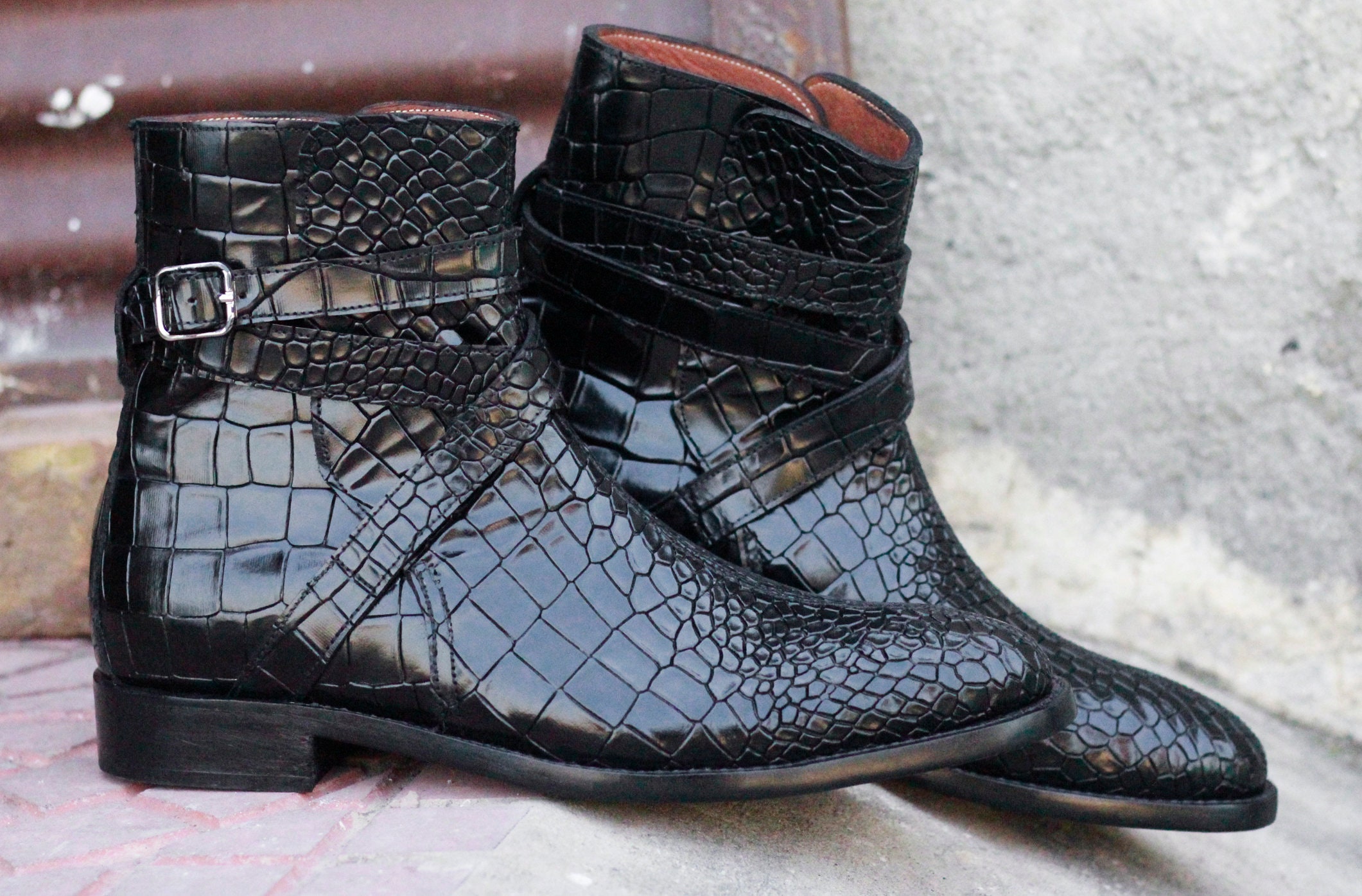 mark todd crocodile patent boots