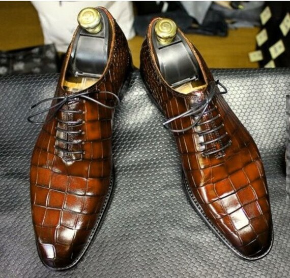 Handmade Men's Alligator Dress Shoies Leather Whole Cut Lace Up Dress Shoes, Alligator Texture Tan Leathers Shoes Men