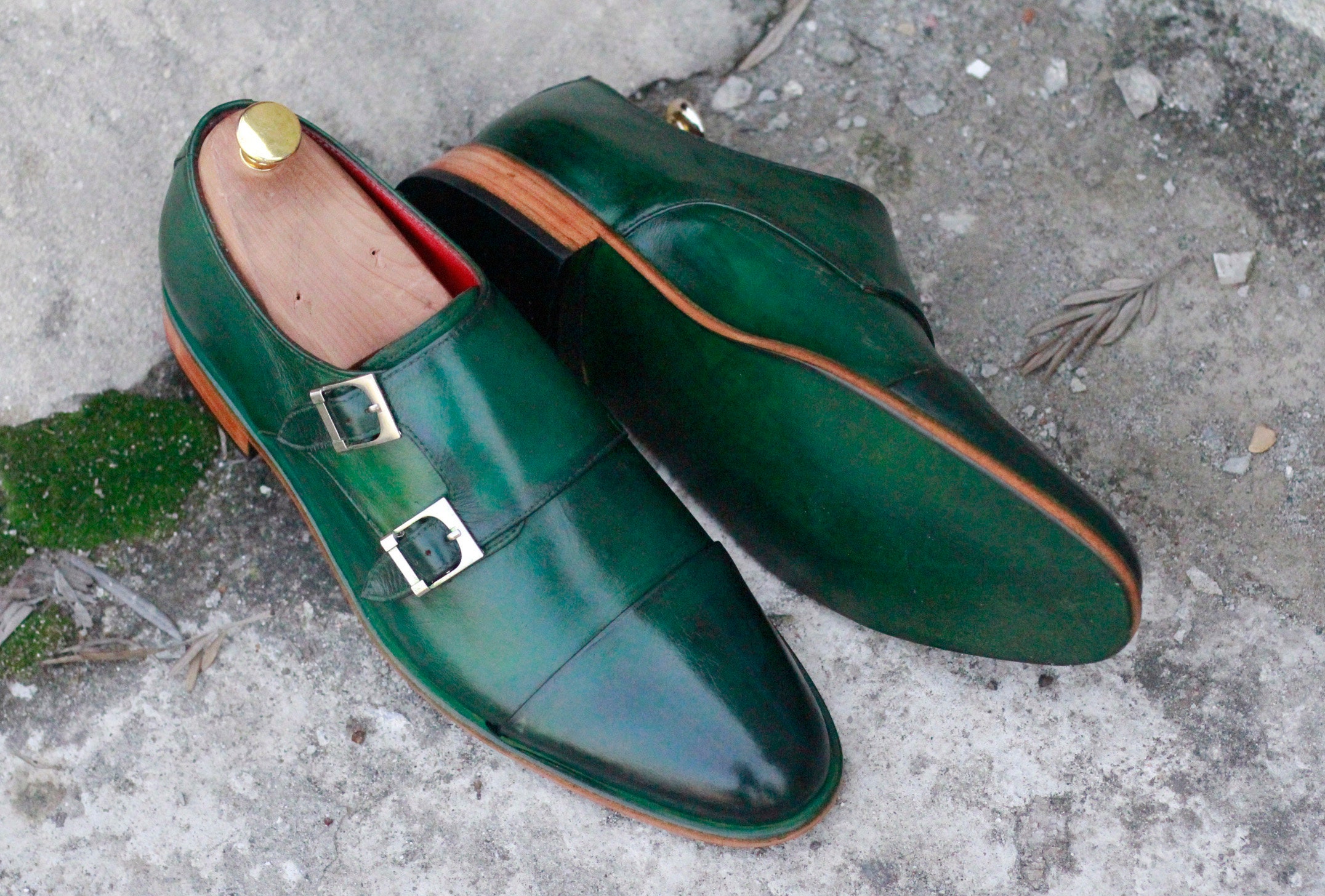 Handmade Men's Green Shoes Men's Buckle Leather - Etsy