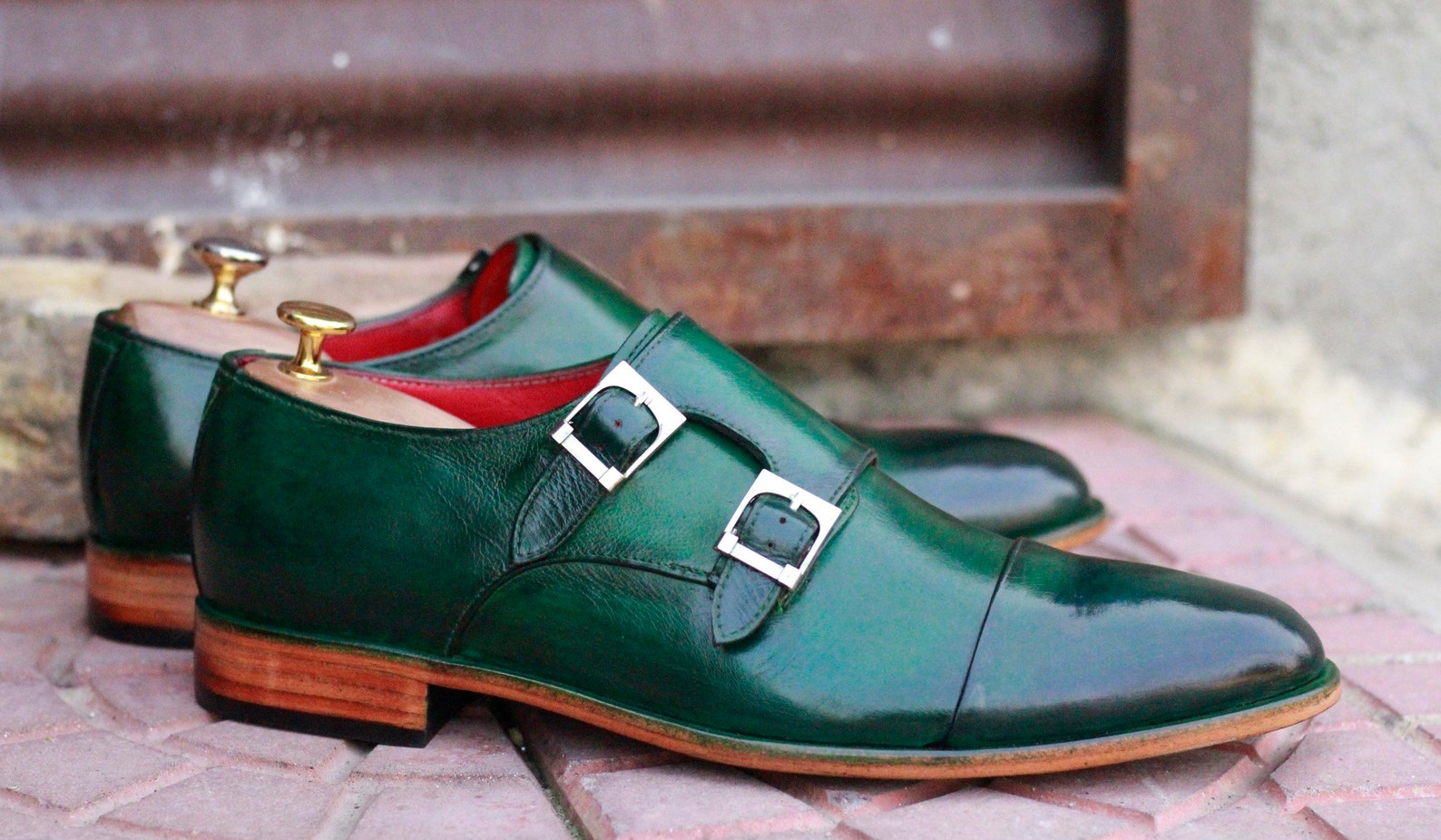 Handmade Men's Green Shoes Men's Buckle Leather Etsy