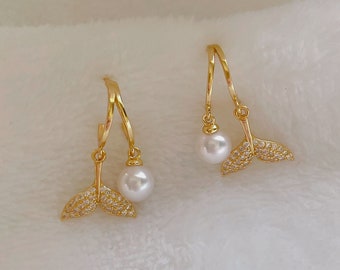 Orecchini a cerchio con perle a coda di pesce da 5-6 mm / perle rotonde / argento sterling 925 / passero
