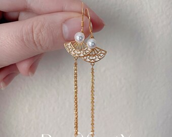 Orecchini pendenti con perle a forma di gru di carta dorata - Placcati in oro 18k